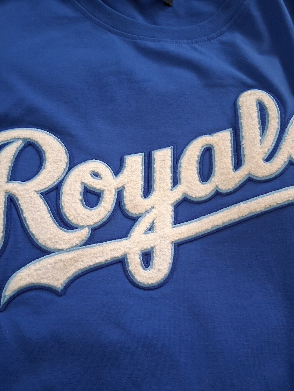 Royals Script Logo Blue Tee with White Chenille Appliqué